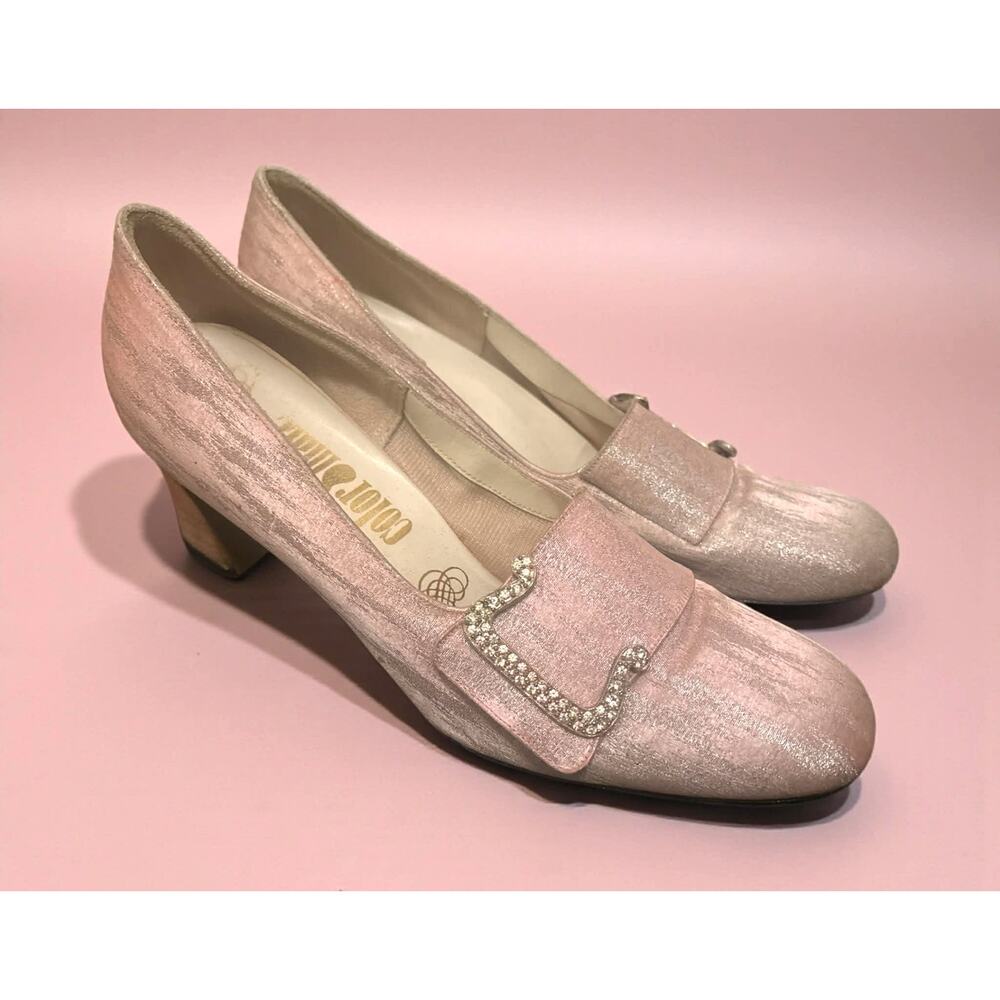 Vintage 1960s MCM Retro Color Mate Pink Silver Heels Rhinestone Buckle Sz 9 AA